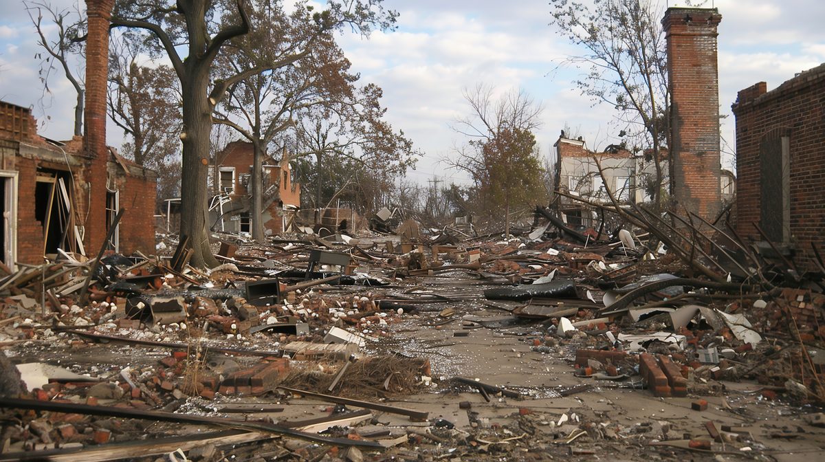 Demolished commercial buildings and debris field after major disaster