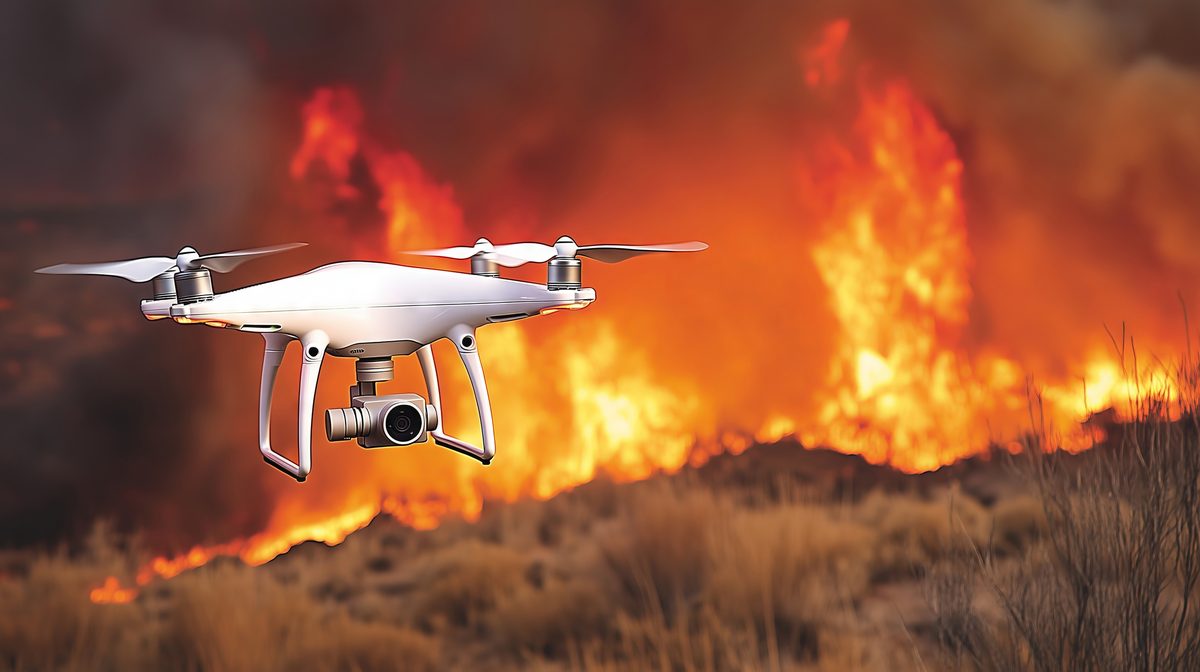 Drone surveying active wildfire for damage assessment and mapping