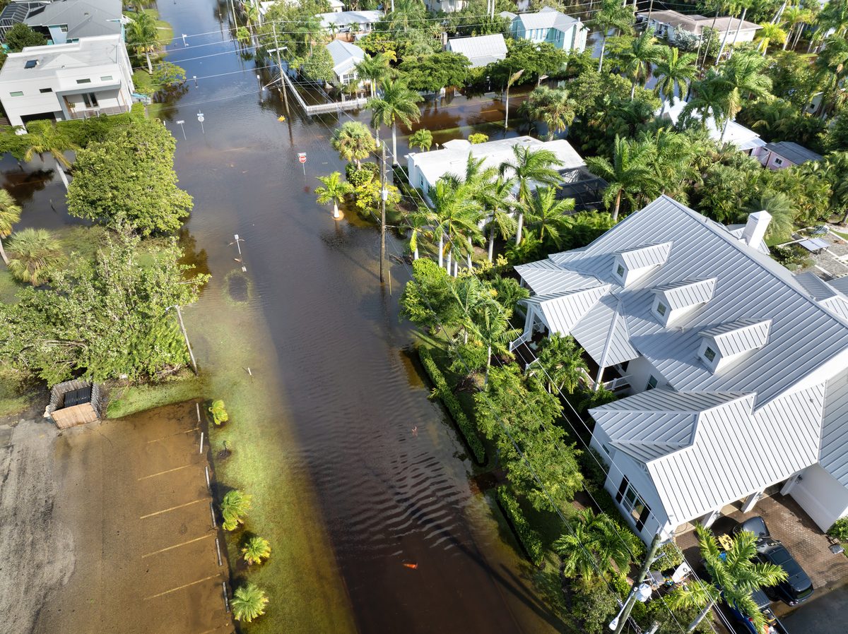 Aerial view of flooded Florida residential street after hurricane