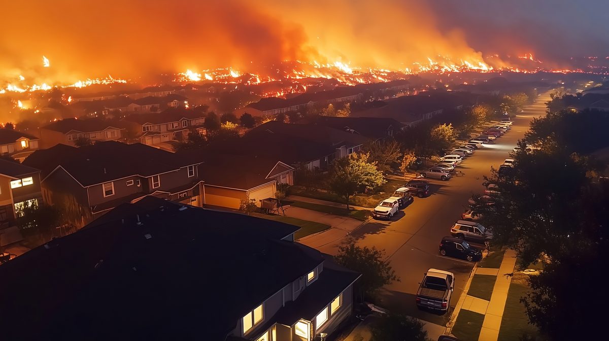 Wildfire approaching residential neighborhood at dusk